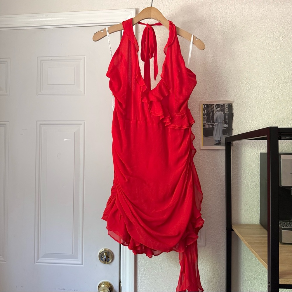 NWT MISS CIRCLE New York red ruffle ruched bodycon halter neck mini dress‎